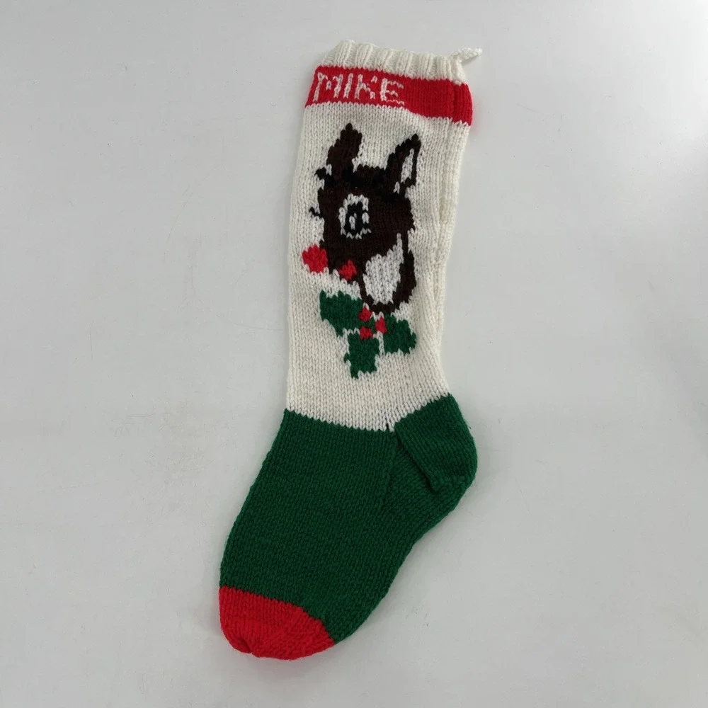 Vintage Hand Knit Christmas Stocking Rudolph Red-Nose‎ Reindeer Green White READ